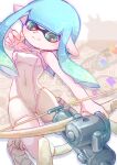  1girl absurdres agent_8_(splatoon) agent_8_(splatoon)_(cosplay) blue_hair bodysuit bow_(weapon) closed_mouth commentary_request cosplay green_eyes highres holding holding_bow_(weapon) holding_weapon inkling inkling_girl inkling_player_character long_hair order_stringer_(splatoon) pointy_ears sleeveless sleeveless_bodysuit smile solo splatoon_(series) splatoon_3 splatoon_3:_side_order tako_maru_yeah tentacle_hair weapon white_background white_bodysuit 