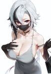  1girl arlecchino_(genshin_impact) black_choker black_gloves black_hair black_mask breasts choker cleavage dress genshin_impact gloves grey_dress highres hyeonwook9 large_breasts looking_at_viewer mask mouth_mask multicolored_hair simple_background solo white_background 