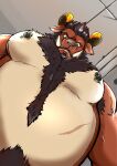 absurd_res angry angry_expression angry_eyes anthro ascuas belly big_belly chest_tuft crotch_tuft fur hi_res i_mean_breast_milk jewish_mythology lowemond male male/male meme mythological_behemoth mythology nipple_piercing nipples pec_pov_meme piercing red_body red_fur scar slightly_chubby slightly_chubby_male solo tan_belly tan_body tuft