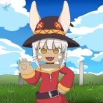 1:1 absurd_res anthro cosplay crossover crossover_cosplay female gesture hi_res konosuba:_god&#039;s_blessing_on_this_wonderful_world! lagomorph leporid made_in_abyss mammal megumin_(konosuba) nanachi rabbit solo waving waving_at_viewer whygenamoon