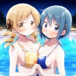  2girls :o ai-generated asymmetrical_docking bikini black_sky blonde_hair blue_bikini blue_eyes blue_hair blue_sky blush bob_cut breast_press breasts closed_mouth collarbone commentary drill_hair face-to-face floral_print gradient_sky hair_between_eyes hair_ornament hairclip holding_hands kwg large_breasts long_hair looking_at_viewer looking_to_the_side mahou_shoujo_madoka_magica mahou_shoujo_madoka_magica_(anime) medium_breasts miki_sayaka multiple_girls night night_sky open_mouth outdoors pool raised_eyebrows short_hair sideboob sky smile star_(sky) starry_sky swimsuit tomoe_mami tree twin_drills upper_body water wavy_mouth yellow_bikini yellow_eyes 