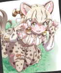  1girl absurdres animal_ears bow bowtie cat_ears cat_girl cat_tail extra_ears geoffroy&#039;s_cat_(kemono_friends) green_eyes grey_hair highres kemono_friends kemono_friends_v_project long_hair looking_at_viewer lowlandgorilla outdoors ribbon shirt skirt solo suspenders tail thighhighs twintails virtual_youtuber 