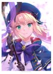  1girl artoria_caster_(fate) artoria_caster_(second_ascension)_(fate) artoria_pendragon_(fate) bangs beret black_gloves blonde_hair blue_bow blue_cape blue_capelet blue_headwear blush bow breasts brown_hair buttons cape capelet closed_mouth commentary_request falling_petals fate/grand_order fate_(series) flower gloves green_eyes hair_ornament hat highres holding holding_staff long_hair long_sleeves looking_at_viewer medium_breasts nishimura_eri petals pink_flower smile solo staff upper_body 