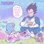  1boy 1girl adapted_costume black_eyes black_hair blue_eyes blue_hair boots bra_(dragon_ball) child child&#039;s_drawing commentary cup dragon_ball dragon_ball_super english_commentary english_text father_and_daughter flower gloves hair_flower hair_ornament highres holding holding_cup holding_saucer indian_style medium_hair pencil pillow plate saiyan_armor saucer sitting spoon stuffed_animal stuffed_elephant stuffed_toy table tea_party teacup teapot teddy_bear toy_car twitter_username vegeta whirlydoodle white_footwear white_gloves x_x 