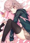  1girl black_shirt black_thighhighs blush bow brown_hair danganronpa_(series) danganronpa_2:_goodbye_despair ear_bow galaga green_jacket highres hood hood_down jacket medium_hair miniskirt monomi_(danganronpa) nanami_chiaki open_clothes open_jacket pink_eyes pleated_skirt shirt skirt sleeves_past_wrists smile solo thighhighs two-tone_shirt watashishi white_shirt 