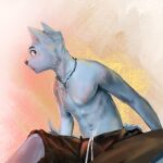  anthro blue_body blue_fur fur hi_res looking_at_viewer male nipples orange_eyes shirtless_male simple_background sitting solo stampmats 