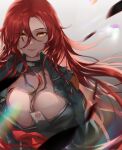  1girl bonneville_(neural_cloud) breasts cleavage corrupted_twitter_file crop_top floating_hair girls&#039;_frontline girls&#039;_frontline_neural_cloud hair_between_eyes highres id_card long_hair orange_eyes parted_lips red_hair smile solo straight-on thatob 