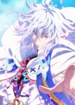  1boy ahoge bangs bishounen closed_mouth commentary_request earrings falling_petals fate/grand_order fate_(series) flower flower_knot glowing_petals hooded_robe jewelry light_smile long_hair long_sleeves looking_at_viewer male_focus merlin_(fate) petals pink_flower pochi-a purple_eyes ribbon robe sky smile solo upper_body very_long_hair white_hair white_robe 