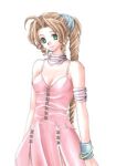  1girl aerith_gainsborough alternate_costume armlet bad_id blue_wristband bracelet brown_hair commentary curly_hair dress final_fantasy final_fantasy_vii green_eyes hair_tie jewelry long_hair looking_at_viewer lowres necklace parted_bangs pink_dress ponytail rendezvous sidelocks simple_background smile solo spaghetti_strap upper_body very_long_hair white_background 