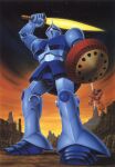 1970s_(style) 1980s_(style) artist_request beam_saber box_art desert gelgoog gelgoog_s_char_custom gundam gyan highres mecha missile_pod mobile_suit mobile_suit_gundam no_humans official_art one-eyed promotional_art radio_antenna retro_artstyle robot scan science_fiction shield sky space_station spacecraft_interior spoilers star_(sky) starry_background starry_sky traditional_media window zeon 