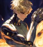  1boy ai-assisted artist_name black_sclera blonde_hair charliecat700 closed_mouth colored_sclera commentary cyborg fire genos highres male_focus one-punch_man orange_eyes short_hair solo 