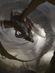  animal_focus artist_name bayard_wu city colossus curled_horns dragon fantasy flying forehead_jewel grey_sky highres horns looking_at_viewer monster mountain no_humans open_mouth original outdoors realistic sharp_teeth sky solo spread_wings tail teeth tornado western_dragon yellow_eyes 