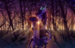  anthro avali dragon duo embrace forest forest_background fur hair horn hug male male/male nature nature_background plant purple_body purple_fur purple_hair stampmats sunset tree 