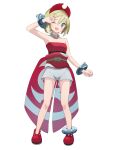  1girl :d absurdres blonde_hair blue_eyes breasts collar eyelashes full_body hair_between_eyes hairband highres irida_(pokemon) jewelry mikan_(mikan_no_happa) neck_ring one_eye_closed open_mouth pokemon pokemon_legends:_arceus red_hairband red_shirt sash shirt short_hair shorts smile solo strapless strapless_shirt waist_cape white_background white_shorts 