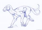 2023 2_tails 3_toes ambiguous_gender artist_name beak claws feet feral hellhound_(zdnoz) hi_res jagged_beak ket-dawnatsunset monochrome multi_tail muscular muscular_feral pen_(artwork) pose running simple_background sketch solo tail text toes toothed_beak traditional_media_(artwork) white_background