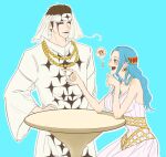  1boy 1girl blue_background blue_hair brown_hair commentary dress earrings facial_mark hair_ornament hand_on_own_hip head_scarf headband highres jewelry light_blue_hair long_hair necklace nefertari_vivi notice_lines one_piece open_mouth pell profile puff_of_air robe short_hair sideburns sidelocks sigh simple_background sitting sleeveless sleeveless_dress smile speech_bubble spoken_skull table yuu_sz37 