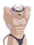 abs accessory anthro body_hair bovid bovine brown_body brown_fur bulge cattle chest_hair clothed clothing fur headband hi_res lifewonders male mammal muscular muscular_anthro nipples one_eye_closed orange-lin pecs shennong solo speedo swimwear tokyo_afterschool_summoners topless wink
