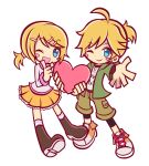  1boy 1girl :d ahoge blonde_hair blue_eyes blush_stickers boots couple frilled_skirt frills full_body green_jacket hair_ornament hairclip heart hetero highres jacket kagamine_len kagamine_rin long_sleeves one_eye_closed orange_shirt parody puyopuyo rara_(20rupi3) shirt shoes short_ponytail short_twintails shorts simple_background skirt smile sneakers style_parody suki_kirai_(vocaloid) twintails vocaloid white_background white_shirt 