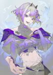  1girl bare_shoulders beckoning blue_eyes collarbone cowboy_shot crop_top fangs fingernails hair_bun highres horns indie_virtual_youtuber jacket jewelry looking_at_viewer mallllma midriff multicolored_background multicolored_hair navel necklace off_shoulder open_hand open_mouth purple_eyes purple_hair reaching reaching_towards_viewer short_hair shorts single_side_bun smile solo teeth whale_taylor 