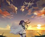  1girl asirpa black_hair blue_eyes cloak cloud commentary_request crying floating_clothes floating_hair golden_kamuy grass headband highres long_hair looking_back no2_gk ocean purple_headband shooting_star solo sun sunset tears upper_body white_cloak 