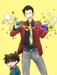  2boys arsene_lupin_iii belt black_hair black_shirt blue_eyes blue_jacket brown_hair child collared_shirt commentary_request confetti cowboy_shot crossover edogawa_conan glasses grey_pants holding jacket kuta_(maka) lupin_iii male_focus meitantei_conan multiple_boys neck_ribbon necktie one_eye_closed pants red_jacket red_ribbon ribbon shirt short_hair sideburns simple_background smile sweatdrop yellow_background yellow_necktie 