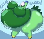 2020 absurd_res angstrom belly big_belly big_breasts big_butt blue_background breasts butt clothing digital_media_(artwork) elemental_creature elemental_humanoid female flora_fauna generation_4_pokemon green_body green_clothing hair hi_res huge_belly huge_breasts huge_butt humanoid hyper hyper_belly motion_lines nintendo onomatopoeia plant plant_humanoid pokemon pokemon_(species) roserade simple_background sloshing_belly solo sound_effects text thick_thighs white_hair