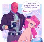  black_gloves blue_eyes border commentary cowboy_shot dc_comics dianna_knst english_commentary english_text gloves gun hand_in_another&#039;s_hair highres i_think_we&#039;re_gonna_have_to_kill_this_guy_steven_(meme) jason_todd meme my_little_pony my_little_pony:_friendship_is_magic pink_fur pink_hair red_hood_(dc) red_mask speech_bubble teeth weapon white_border 