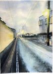  apartment building evening highres house lamppost no_humans original painting_(medium) power_lines road scenery shibakaka street traditional_media twilight utility_pole watercolor_(medium) 