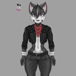 2022 absurd_res anthro bottomwear chatow_ead clothed clothing domestic_cat eter(chatow_ead) eyeliner facial_scar felid feline felis fur girly hi_res humanoid jacket leather leather_clothing leather_jacket leather_topwear makeup male mammal pants scar simple_background solo topwear
