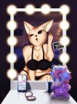 aggretsuko anthro applying_makeup bed biped black_bra black_clothing black_eyes black_panties black_underwear blue_hair bra breasts brown_body brown_fur brush button_eyes canid canine cellphone cleavage clothed clothing container cup darkriallet detailed_background digital_media_(artwork) electronics emoji equid equine eyebrows eyelashes female fennec_fox fenneko first_person_view fox fur furniture haida_(aggretsuko) hair heart_symbol hi_res holding_brush holding_object horn hyena inside kissing leaning leaning_forward makeup makeup_brush male male/female mammal midriff mirror mirror_reflection multicolored_hair mythological_creature mythological_equine mythology narrowed_eyes navel open_mouth panties personal_grooming phone photo pink_clothing pink_hair plushie portrait reflection romantic romantic_couple sanrio seiya_(aggretsuko) signature slightly_chubby slightly_chubby_female smartphone solo spotted_hyena squint standing tan_body tan_fur text_message thick_thighs three-quarter_portrait tongue true_fox two_tone_hair underwear unicorn vanity_(furniture) vanity_mirror wide_hips