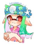  1girl @_@ blush closed_mouth commentary green_hair head_wreath highres inkling inkling_girl inkling_player_character long_hair own_hands_together pink_shirt pointy_ears red_eyes shirt simple_background solo splatoon_(series) splatoon_3 tentacle_hair upper_body vq32s white_background 