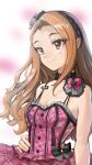  1girl bare_shoulders breasts brown_hair commentary_request dress hairband highres idolmaster idolmaster_(classic) long_hair looking_to_the_side minase_iori pink_dress red_eyes small_breasts smile solo swept_bangs y_wasabi1211 