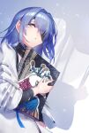  1girl arm_wrap binder bird blue_hair blue_ribbon book dated grey_eyes hecate_(path_to_nowhere) highres ho-cki holding holding_book jacket long_hair parted_lips path_to_nowhere ribbon shadow solo white_jacket 