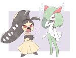  colored_skin crossed_arms extra_mouth fangs green_hair hair_over_one_eye hand_in_own_hair kirlia looking_at_viewer mawile minashirazu multicolored_skin pokemon pokemon_(creature) purple_background red_eyes simple_background two-tone_skin white_skin yellow_skin 