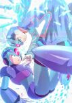  2boys armor blue_armor blue_eyes blue_headwear blue_robe cang_she cyber_elf_x_(mega_man) dilated_pupils dual_persona forehead_jewel glint glowing_feather halo heads_together highres light_rays mega_man_(series) mega_man_x_(series) mega_man_zero_(series) multiple_boys robe shoulder_armor time_paradox touching_forehead x_(mega_man) 