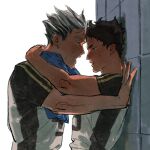  2boys against_wall akaashi_keiji arm_around_neck black_hair blush bokuto_koutarou chengongzi123 grey_hair haikyuu!! hands_up highres kabedon looking_at_another male_focus multicolored_hair multiple_boys open_mouth outdoors shirt short_hair short_sleeves simple_background sportswear standing streaked_hair sweat t-shirt thick_eyebrows towel towel_around_neck upper_body very_short_hair volleyball_uniform white_background yaoi yellow_eyes 