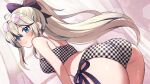  1girl blue_eyes bow bra character_request closed_mouth curtains earrings grey_hair hair_between_eyes hair_bow hair_ornament indie_virtual_youtuber jewelry long_hair looking_at_viewer mohemohemincho panties ponytail smile solo underwear virtual_youtuber 