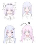  4girls aharen-san_wa_hakarenai aharen_reina blue_eyes blue_hair blush collared_shirt colored_eyelashes crossover dragon_girl dragon_horns gochuumon_wa_usagi_desu_ka? grey_hair hair_between_eyes hair_ornament highres horns kafuu_chino kanna_kamui kobayashi-san_chi_no_maidragon long_hair multiple_crossover multiple_girls purple_hair ruten_(onakasukusuku) sengoku_kamuri shirt simple_background slow_start smile white_background x_hair_ornament 