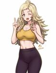  1girl ahoge alternate_costume blonde_hair commission fire_emblem fire_emblem_fates grey_eyes highres long_hair one_eye_closed open_mouth ophelia_(fire_emblem) pants rotomdocs sports_bra yellow_sports_bra yoga_pants 