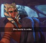  2022 ahsoka_tano alien alien_humanoid barriss_offee blue_eyes breasts butt car choker clone_wars clothing duo english_text eyelashes facial_markings female he_wants_to_order head_markings humanoid jewelry lekku_(anatomy) looking_at_viewer markings meme mirialan necklace not_furry orange_body orange_skin raikoh-illust star_wars text togruta vehicle 