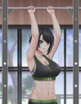  1girl :p abs absurdres armpits arms_up bangs black_hair black_shorts black_sports_bra blue_sky breasts cleavage closed_mouth cloud cloudy_sky green_eyes highres hololive indoors long_hair muscular muscular_female oozora_subaru short_hair shorts sky smile solo sports_bra tongue tongue_out tree virtual_youtuber window xyma2524 