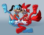 absurd_res anthro anus ball_fondling balls big_penis blue_body blue_fur canid canine canis domestic_dog duo feet fondling fox fur genitals harry_(toontown) hi_res male mammal penis red_body red_fur sonicinmind toontown_corporate_clash toontown_online toony toony_eyes