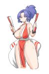  1girl blue_eyes blue_hair breasts earrings folded_fan folding_fan hand_fan holding holding_fan huge_breasts japanese_clothes jewelry large_breasts leebo_(leeboxxx) leona_heidern pelvic_curtain ponytail revealing_clothes shiranui_mai simple_background solo the_king_of_fighters white_background 