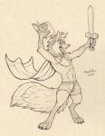 book canid canine cape clothing eyewear fox glasses hi_res kipfox male mammal melee_weapon monochrome nerd richard_foley sepia solo standing sword underwear weapon wooden_sword