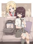  2girls amelia_lee backpack bag bandaid bandaid_on_leg beatrice_reden blonde_hair blue_necktie blush breast_pocket brown_eyes brown_hair chocolate_chip_cookie closed_mouth collared_shirt cookie cookie_jar couch feet_out_of_frame food gauze_on_knee grey_eyes grey_necktie grey_skirt grey_socks hair_between_eyes hairband heart heart-shaped_pupils highres holding holding_cookie holding_food holding_jar i_love_amy jar kneehighs knees_together_feet_apart looking_at_another maidcode1023 medium_hair miniskirt multiple_girls necktie one_eye_closed parted_bangs pillow pleated_skirt pocket red_sweater_vest school_uniform shirt short_sleeves single_kneehigh single_sock sitting skirt smile socks sweater_vest symbol-shaped_pupils v-neck white_hairband white_shirt yuri 
