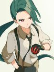  1girl asymmetrical_bangs black_gloves black_necktie black_pants bright_pupils collared_shirt ear_piercing earrings flat_chest gloves green_hair grey_shirt highres holding holding_poke_ball jewelry long_hair mikan_(mikan_no_happa) necktie pants piercing poke_ball poke_ball_(basic) pokemon pokemon_sv ponytail red_eyes reverse_trap rika_(pokemon) shirt sleeves_past_elbows solo suspenders triangle_earrings white_pupils 