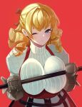  1girl blonde_hair blue_eyes breast_press breasts commentary_request dress drill_hair gauntlets hair_intakes highres holding holding_staff large_breasts one_eye_closed red_background red_dress scarlett_(unicorn_overlord) solo staff sweater sweater_under_dress tomoyuki_hino turtleneck turtleneck_sweater unicorn_overlord 