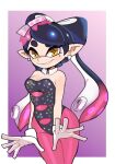  1girl absurdres black_hair black_leotard border bow-shaped_hair breasts callie_(splatoon) cleavage commentary davenextdoor_(justdavefnd) eyelashes food food_on_head gloves gradient_background gradient_hair highres inkling large_breasts leotard long_hair looking_at_viewer mole mole_under_eye multicolored_hair object_on_head outside_border pantyhose pink_hair pink_pantyhose pointy_ears purple_background simple_background smile solo splatoon_(series) standing star-shaped_pupils star_(symbol) sushi symbol-only_commentary symbol-shaped_pupils teeth tentacle_hair thick_eyebrows two-tone_hair white_border white_gloves yellow_pupils 