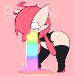 anthro big_butt big_head bodily_fluids butt chibi clothing footwear gardevoir generation_3_pokemon girly hair hair_over_eye high_heels legwear leotard male nintendo one_eye_obstructed pink_(frowntown) pink_background pink_hair pokemon pokemon_(species) simple_background solo tears technicolor_yawn thick_thighs thigh_highs vomit vomiting