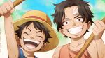  2boys ^_^ aged_down arm_up bandaid bandaid_on_face black_eyes black_hair blue_shirt child close-up closed_eyes derivative_work english_commentary freckles hat holding jasmine_(min-min-minnie) looking_at_viewer male_focus monkey_d._luffy multiple_boys one_piece open_mouth orange_shirt portgas_d._ace scar scar_on_face screencap_redraw shirt short_hair sky sleeveless sleeveless_shirt smile straw_hat tumblr_username 